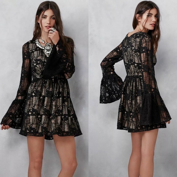 Free People Dresses & Skirts - Free People Dulce Mini Black Lace Cocktail Dress, Bell Sleeve